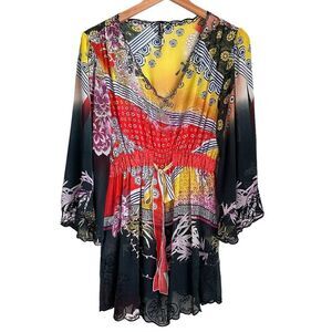 Sienna Rose Women L Sheer Tunic Floral Art Wear Bell Sleeve Coverup Boho Gothic